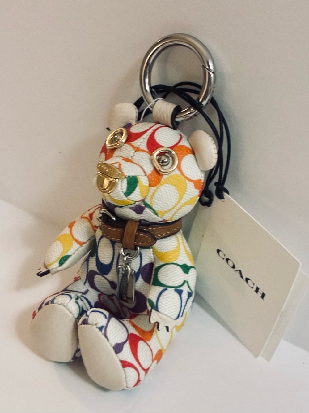 Coach CJ963 Bear Bag Charm In Rainbow Signature C Coated Canvas Keyring NWT - Picture 5 of 12